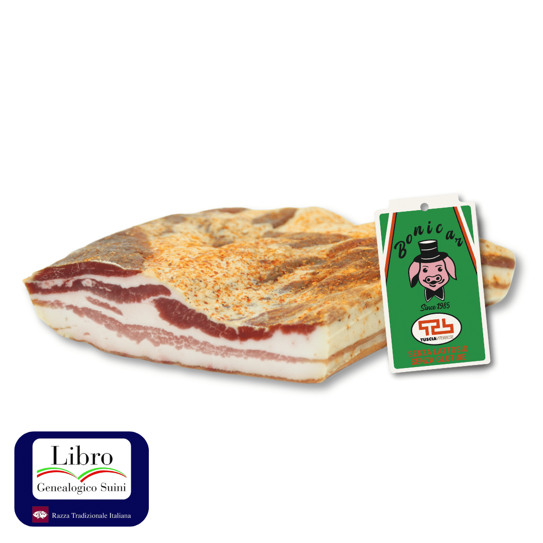 Pancetta con etichetta verde e logo.