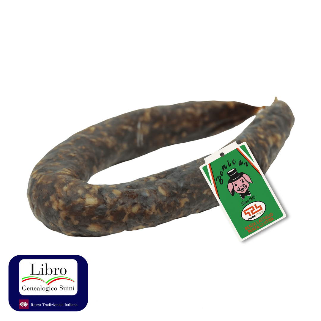 Salsiccia con etichetta verde e logo.