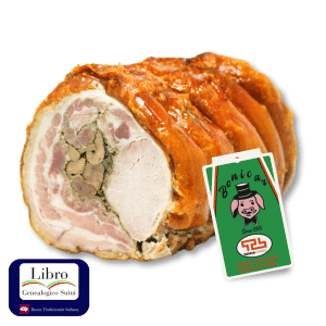 Porchetta con etichetta "Bonicas" e certificazione.