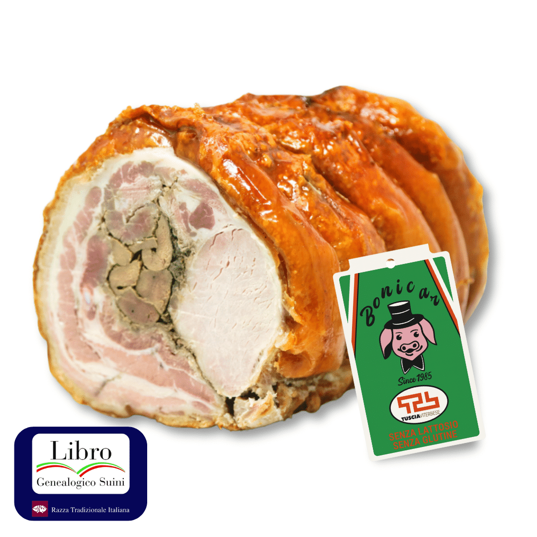 Porchetta con etichetta "Bonicas" e certificazione.