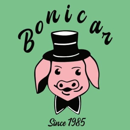 Logo with elegant pig and "Bonicar" inscription.